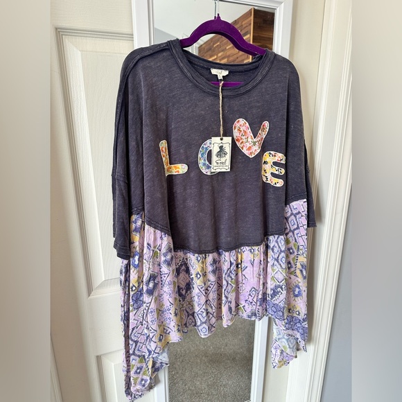 NEW🩶Easel Oversized Solid and Mixed Print LOVE Patched Top Small Ash - Picture 5 of 10